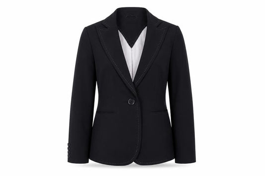 Front view of Next women’s black jacket blazer, size UK 10, button - contrasting stitching