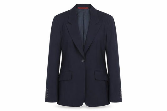 Front view of Business Solutions women’s blue jacket blazer, size UK 10, button