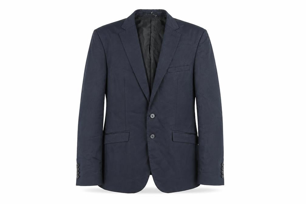 Front view of Zara men’s blue cotton jacket suit jacket, size 38, regular