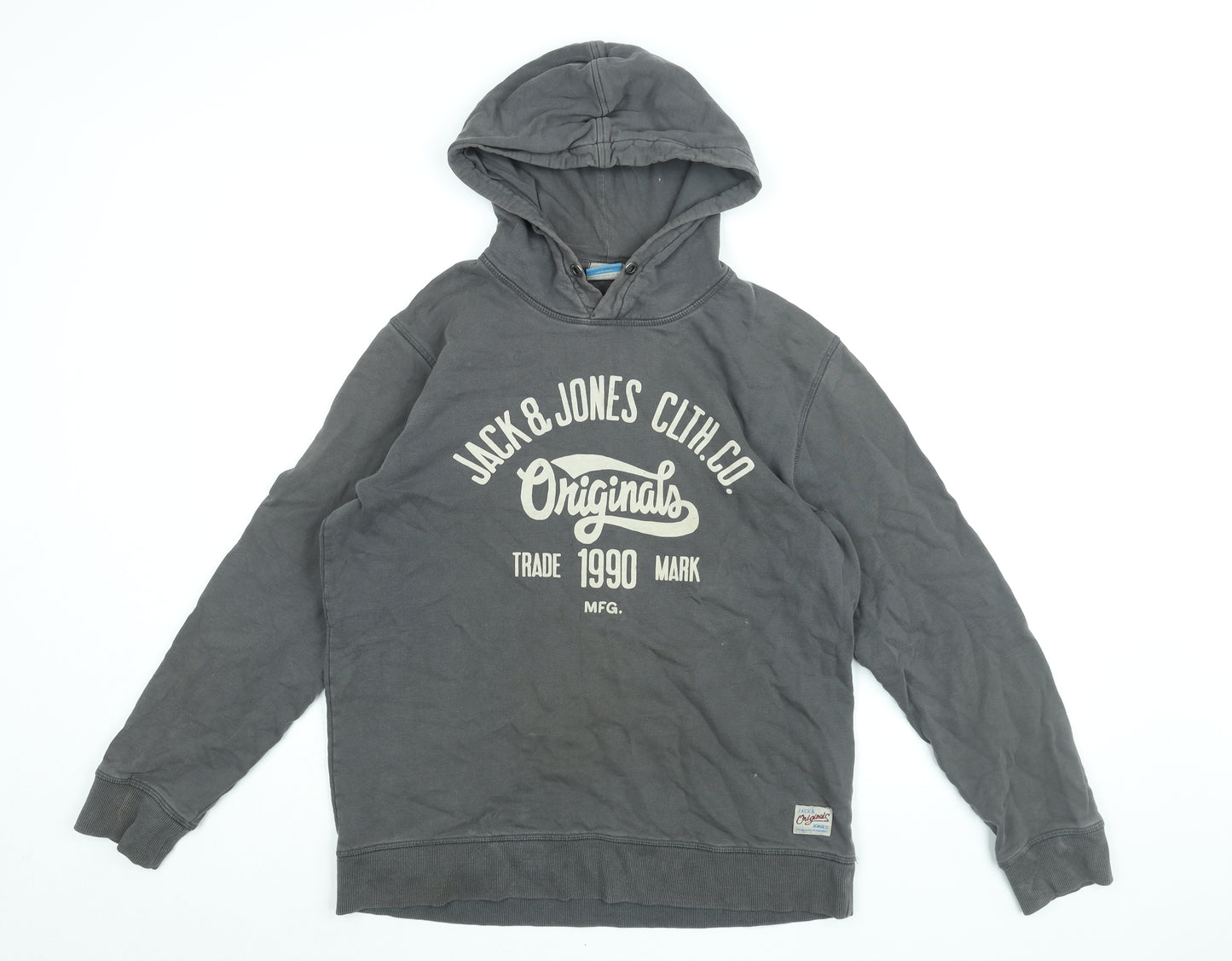 JACK & JONES Mens Grey Cotton Pullover Hoodie Size L - Jack & Jones Logo
