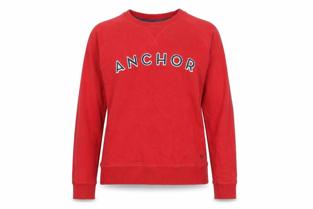 Front view of Crew Clothing women’s red cotton pullover sweatshirt, size UK 8, pullover - anchor