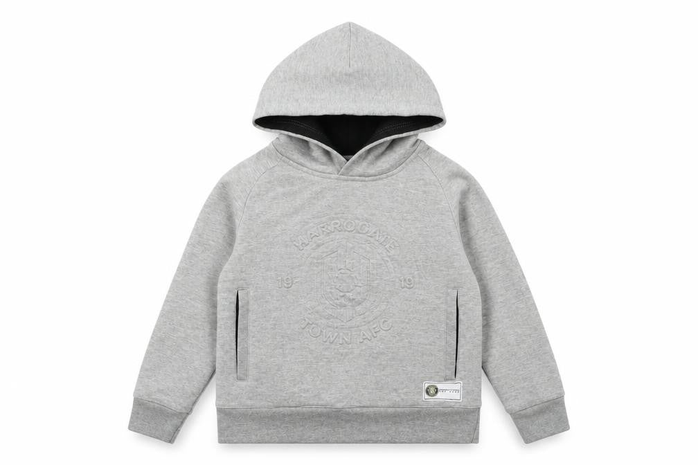 Front view of Harrogate Town AFC boys’ grey cotton pullover hoodie, size 8, years pullover