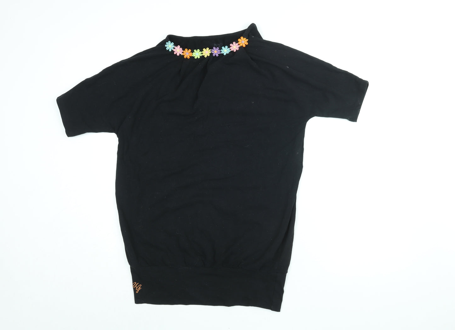 Urban Goddess Womens Black Floral Cotton Basic T-Shirt Size L Round Neck