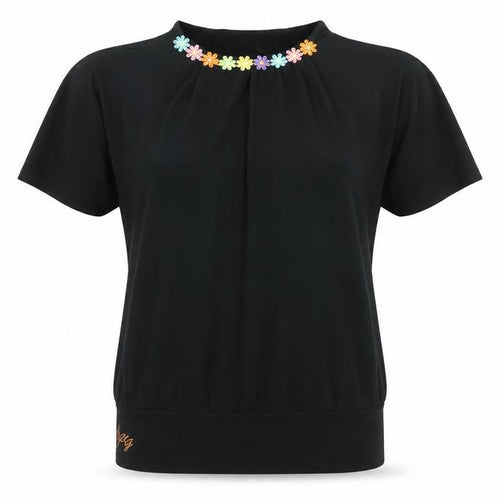Urban Goddess Womens Black Floral Cotton Basic T-Shirt Size L Round Neck