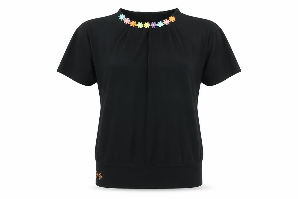 Urban Goddess Womens Black Floral Cotton Basic T-Shirt Size L Round Neck