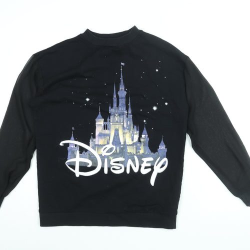 Disney Womens Black Cotton Pullover Sweatshirt Size 10 Pullover - Mesh Sleeves, Disney Castle