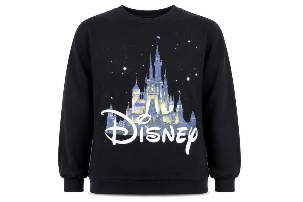 Front view of Disney women’s black cotton pullover sweatshirt, size UK 10, pullover - mesh sleeves, disney castle