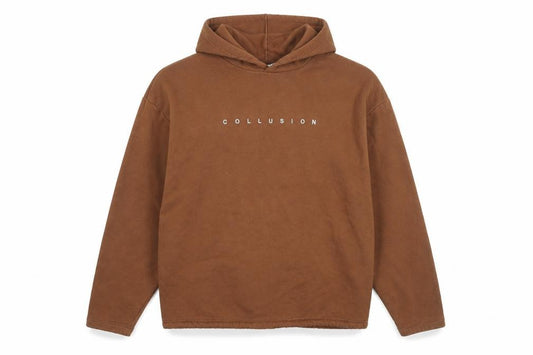 Front view of Collusion women’s brown cotton pullover hoodie, size M, pullover