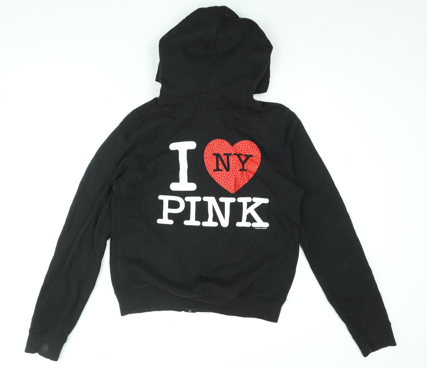 PINK Womens Black Cotton Full Zip Hoodie Size L Zip - I Heart PINK, I Heart NY