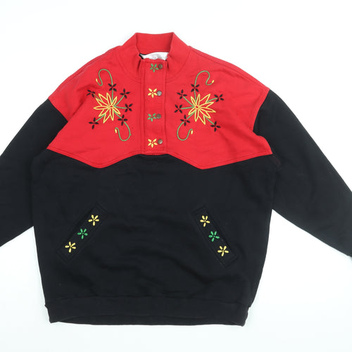 St Michael Womens Black Floral Cotton Pullover Sweatshirt Size 12 Zip - Size 12-14