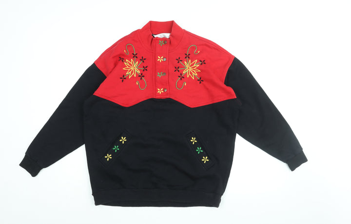 St Michael Womens Black Floral Cotton Pullover Sweatshirt Size 12 Zip - Size 12-14