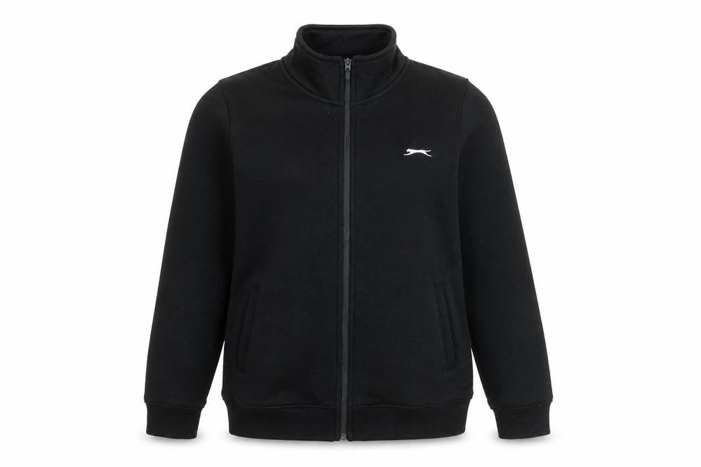 Front view of Slazenger women’s black cotton full zip sweatshirt, size UK 14, zip