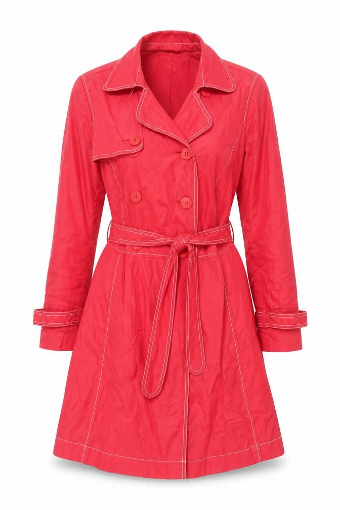 Front view of Monsoon women’s red trench coat coat, size UK 14, button - belted