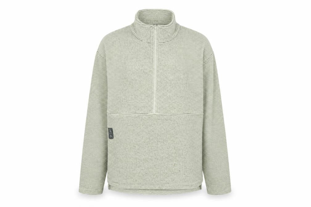 Front view of Montu men’s beige striped polyester pullover sweatshirt, size M