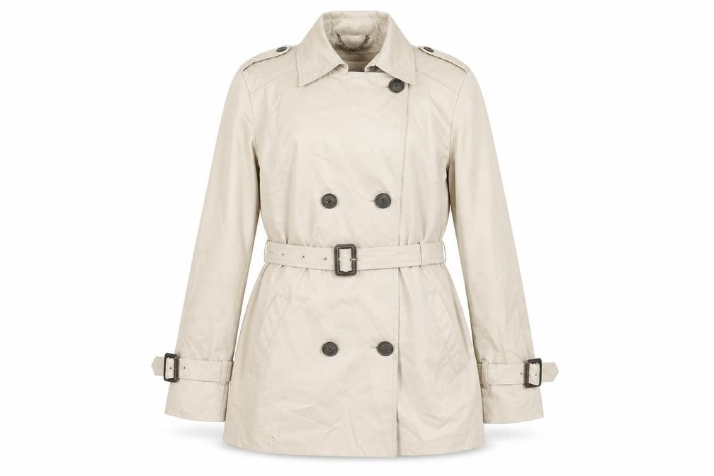 Front view of Stockholm women’s beige trench coat coat, size UK 12, button - belted