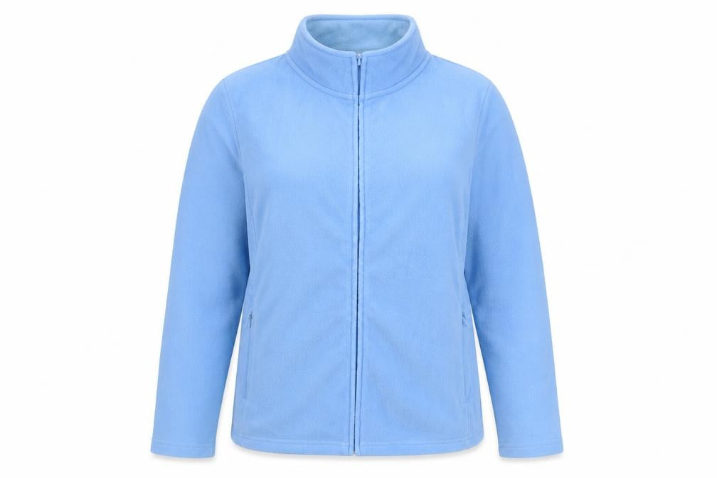 Front view of Isle women’s blue polyester full zip sweatshirt, size UK 18, zip