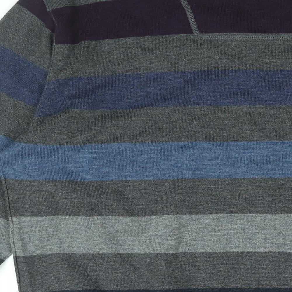 Rocha John Rocha Mens Grey V-Neck Striped Cotton Pullover Jumper Size M Long Sleeve