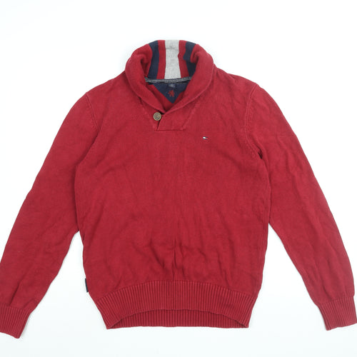 Tommy Hilfiger Mens Red V-Neck Cotton Pullover Jumper Size M Long Sleeve