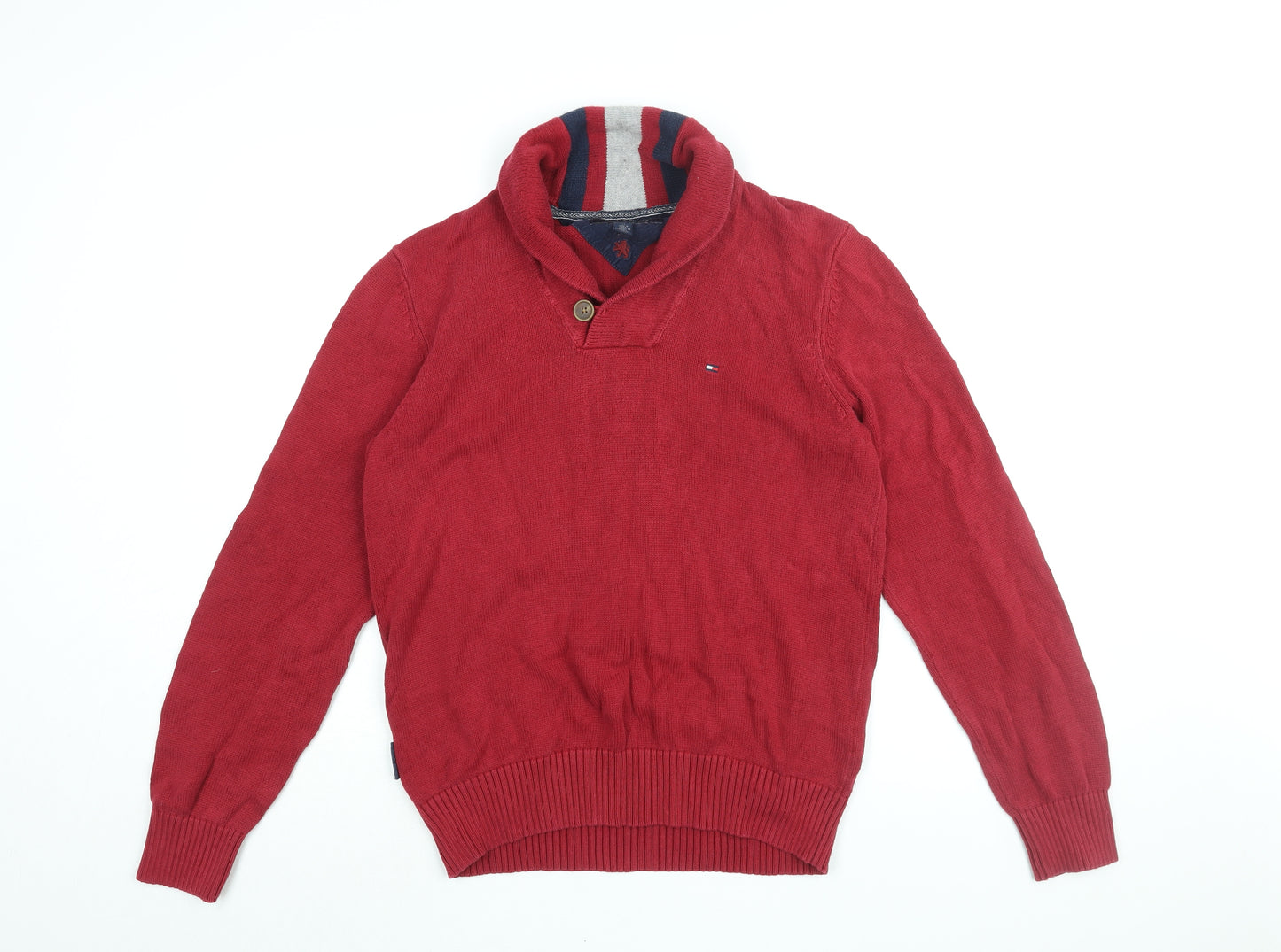 Tommy Hilfiger Mens Red V-Neck Cotton Pullover Jumper Size M Long Sleeve