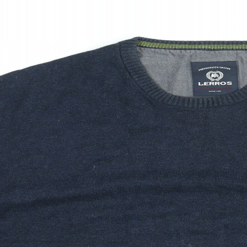 LERROS Mens Blue Round Neck Cotton Pullover Jumper Size L Long Sleeve