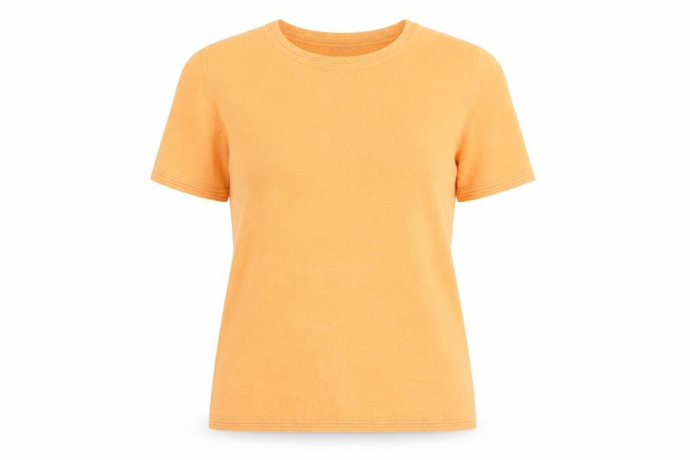 Front view of Marks & Spencer women’s orange acrylic basic t-shirt, size UK 14, round neck