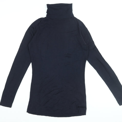 Jaeger Womens Blue Silk Basic T-Shirt Size M Roll Neck