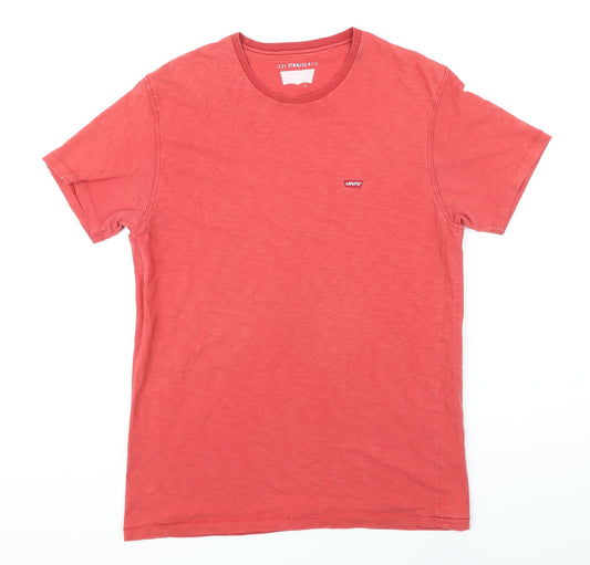 Levis Mens Red Herringbone Cotton T-Shirt Size S Round Neck