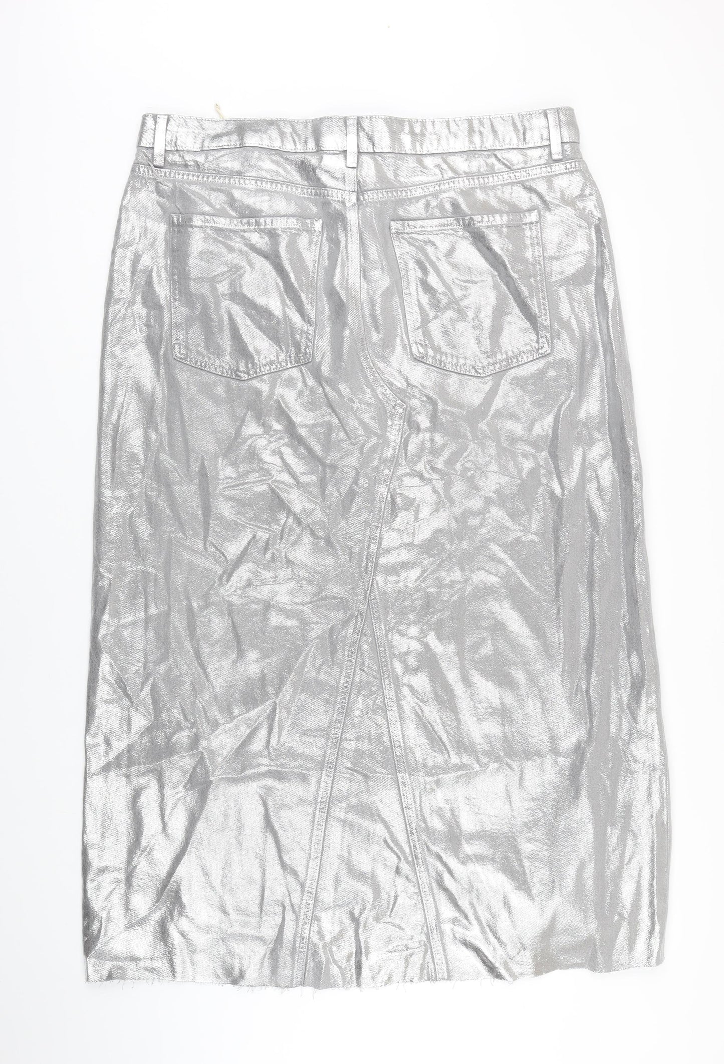 M&S Womens Silver Cotton Maxi Skirt Size 20 Zip - Raw Hem Detail