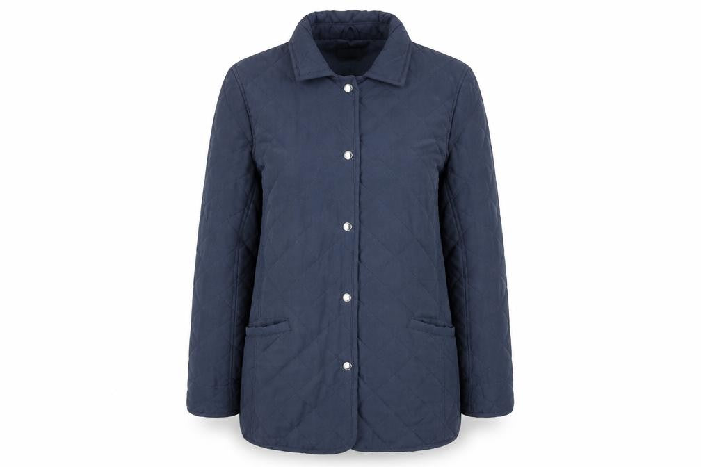 Front view of Damart women’s blue jacket coat, size UK 14, snap