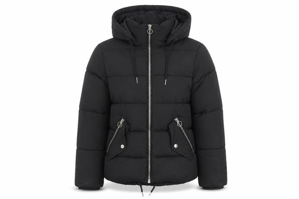 Front view of Topshop women’s black puffer jacket jacket, size UK 8, zip
