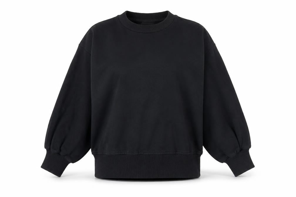 Front view of ASOS women’s black cotton pullover sweatshirt, size UK 4
