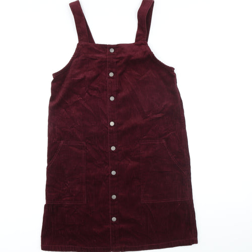 New Look Womens Red 100% Cotton Pinafore/Dungaree Dress Size 8 Square Neck