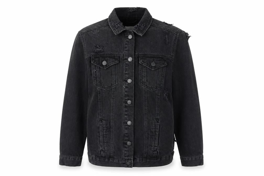Front view of New Look women’s black jacket, size UK 8, button - distressed look