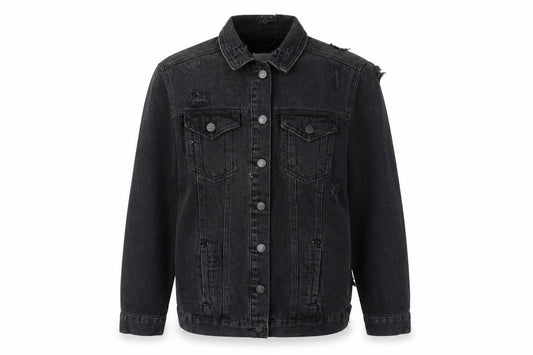 Front view of New Look women’s black jacket, size UK 8, button - distressed look