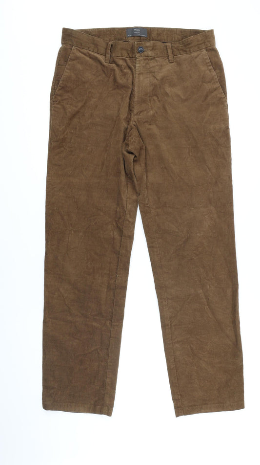 M&S Mens Brown Cotton Trousers Size 34 in L30 in Regular Zip