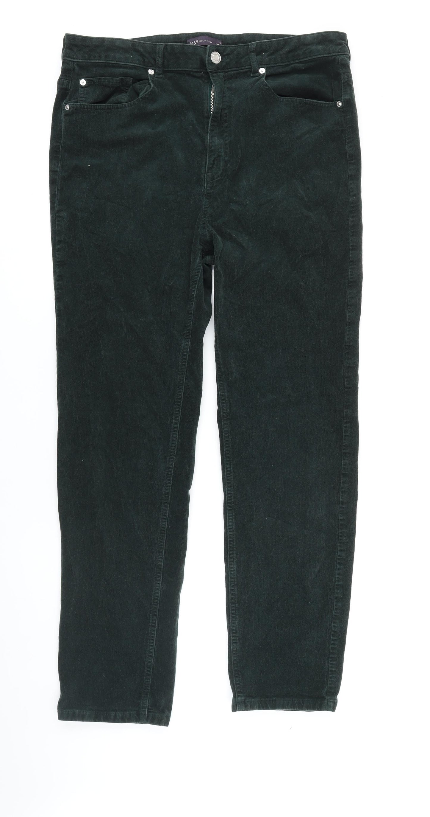 M&S Womens Green Cotton Trousers Size 18 L27 in Regular Tie