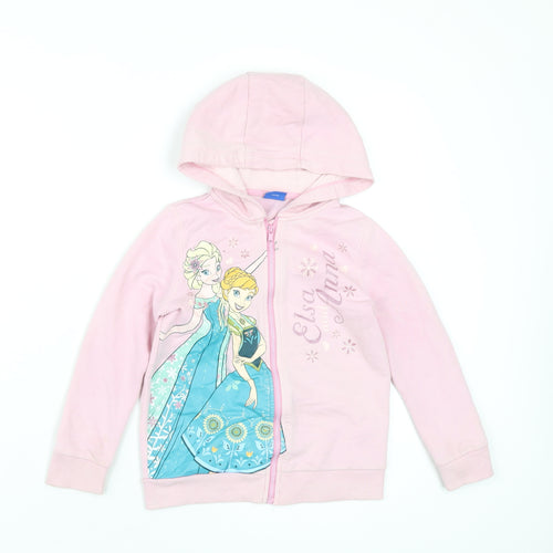 Disney Girls Pink Cotton Full Zip Hoodie Size 6-7 Years Zip - Frozen Anna & Elsa