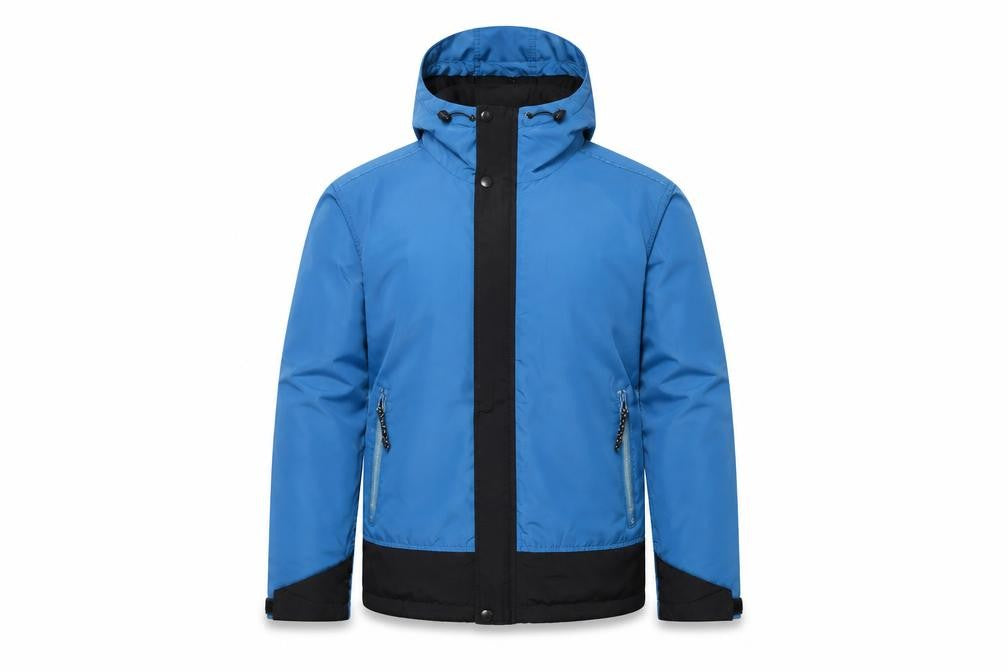 Front view of Five Centimetre men’s blue rain coat coat, size S, zip