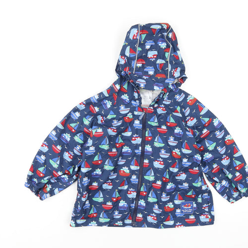 JoJo Maman Bébé Boys Blue Geometric Rain Coat Coat Size 3-4 Years Zip