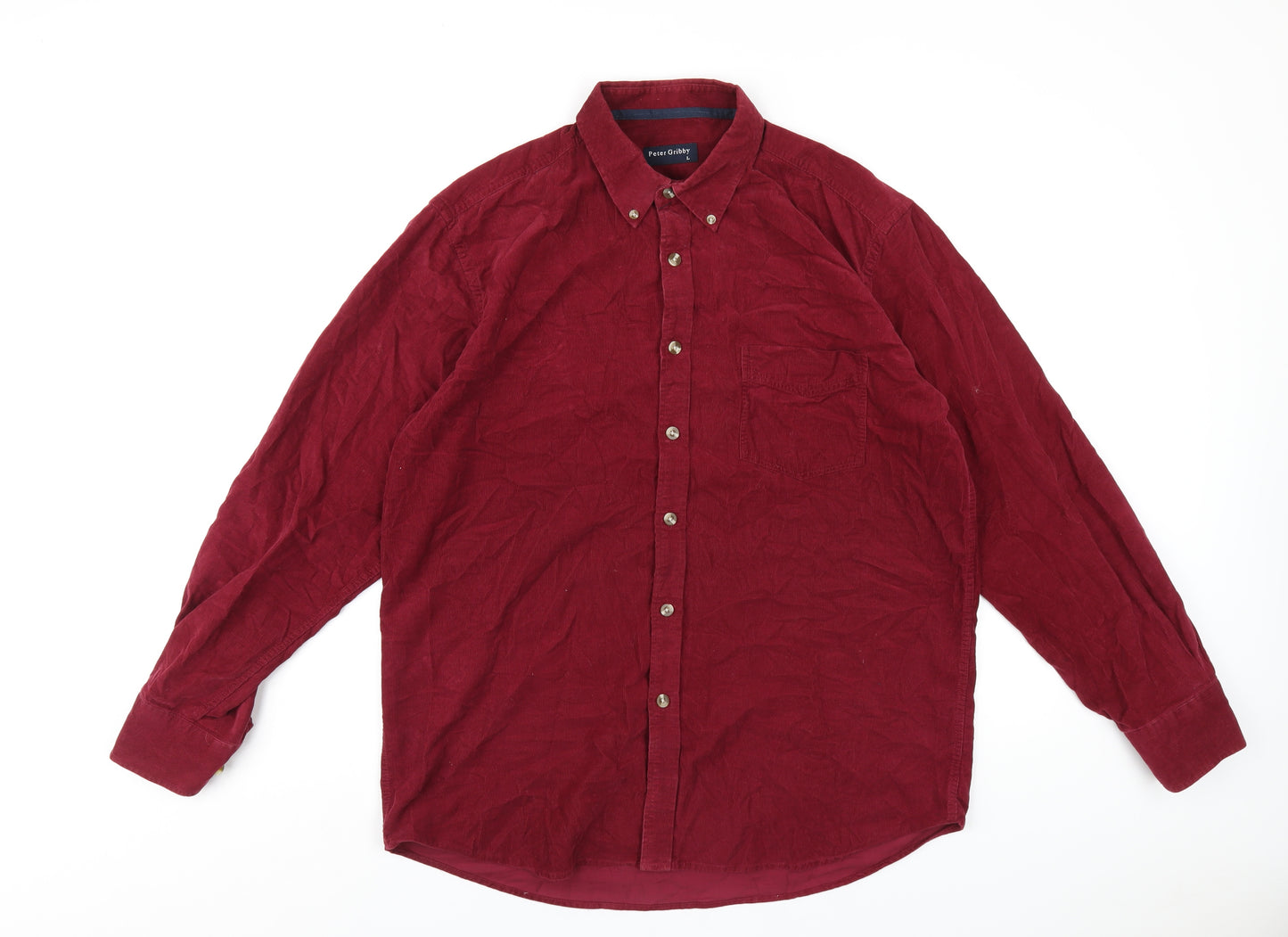 Peter Gribby Mens Red Polyester Button-Up Size L Collared Button