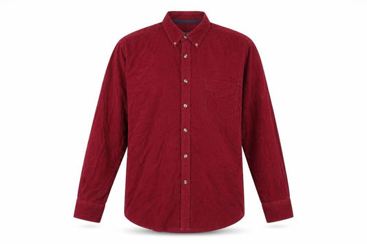 Front view of Peter Gribby men’s red polyester button-up, size L, collared button