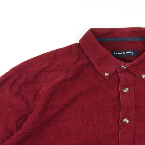 Peter Gribby Mens Red Polyester Button-Up Size L Collared Button