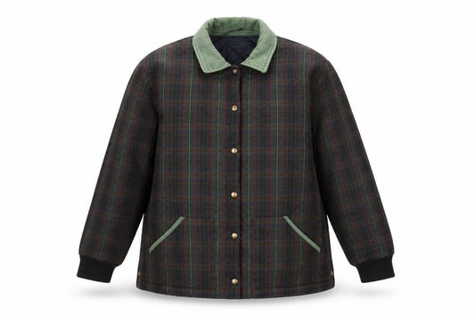 Front view of Country Casuals women’s multicoloured plaid quilted coat, size UK 22, snap