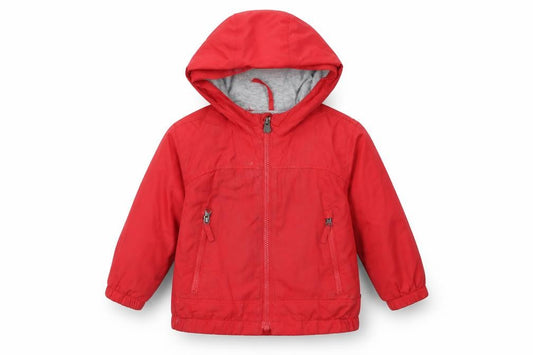 Front view of Gap boys’ red rain coat coat, size 18-24, months zip