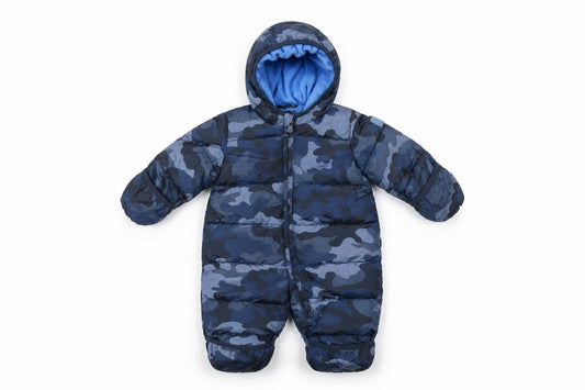 Front view of Gap boys’ blue camouflage puffer jacket snowsuit, size 3-6, months zip