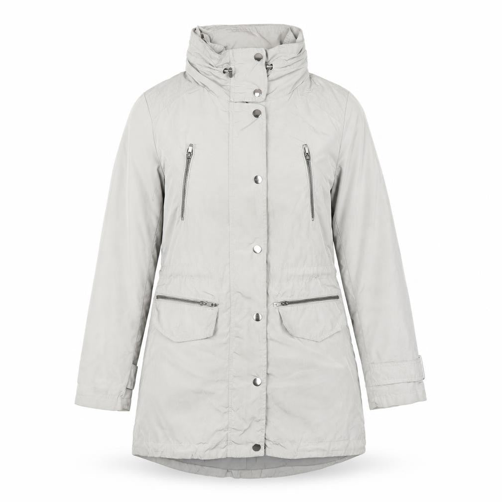 Front view of Monsoon women’s grey rain coat coat, size UK 8, zip