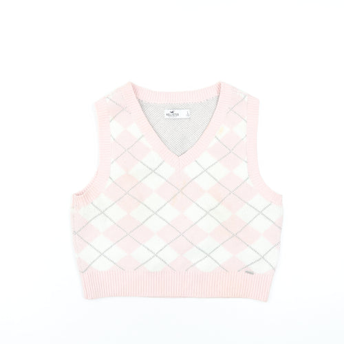 Hollister Womens Pink V-Neck Argyle/Diamond Cotton Vest Jumper Size L