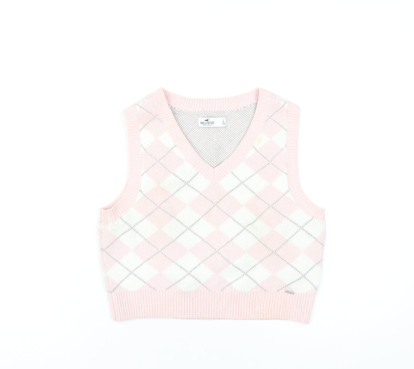 Hollister Womens Pink V-Neck Argyle/Diamond Cotton Vest Jumper Size L