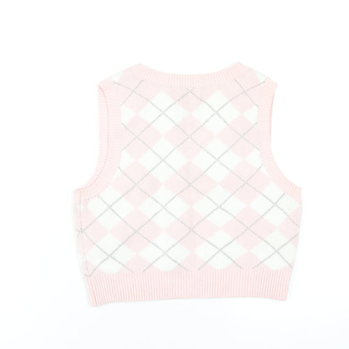 Hollister Womens Pink V-Neck Argyle/Diamond Cotton Vest Jumper Size L