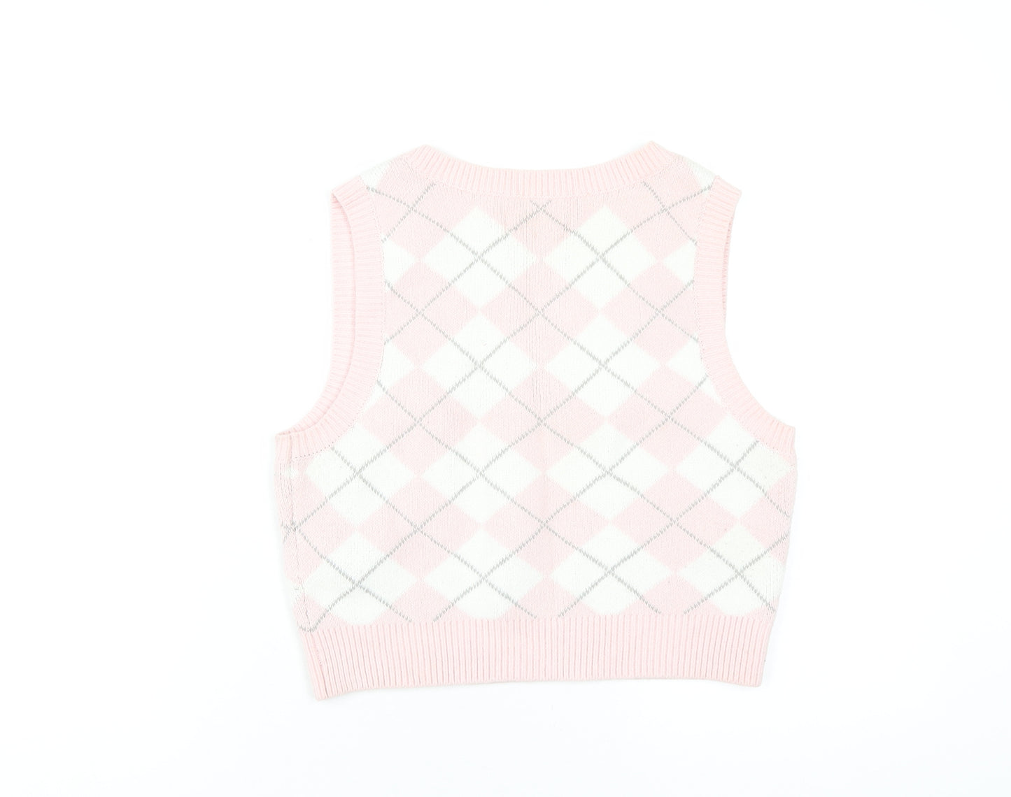 Hollister Womens Pink V-Neck Argyle/Diamond Cotton Vest Jumper Size L